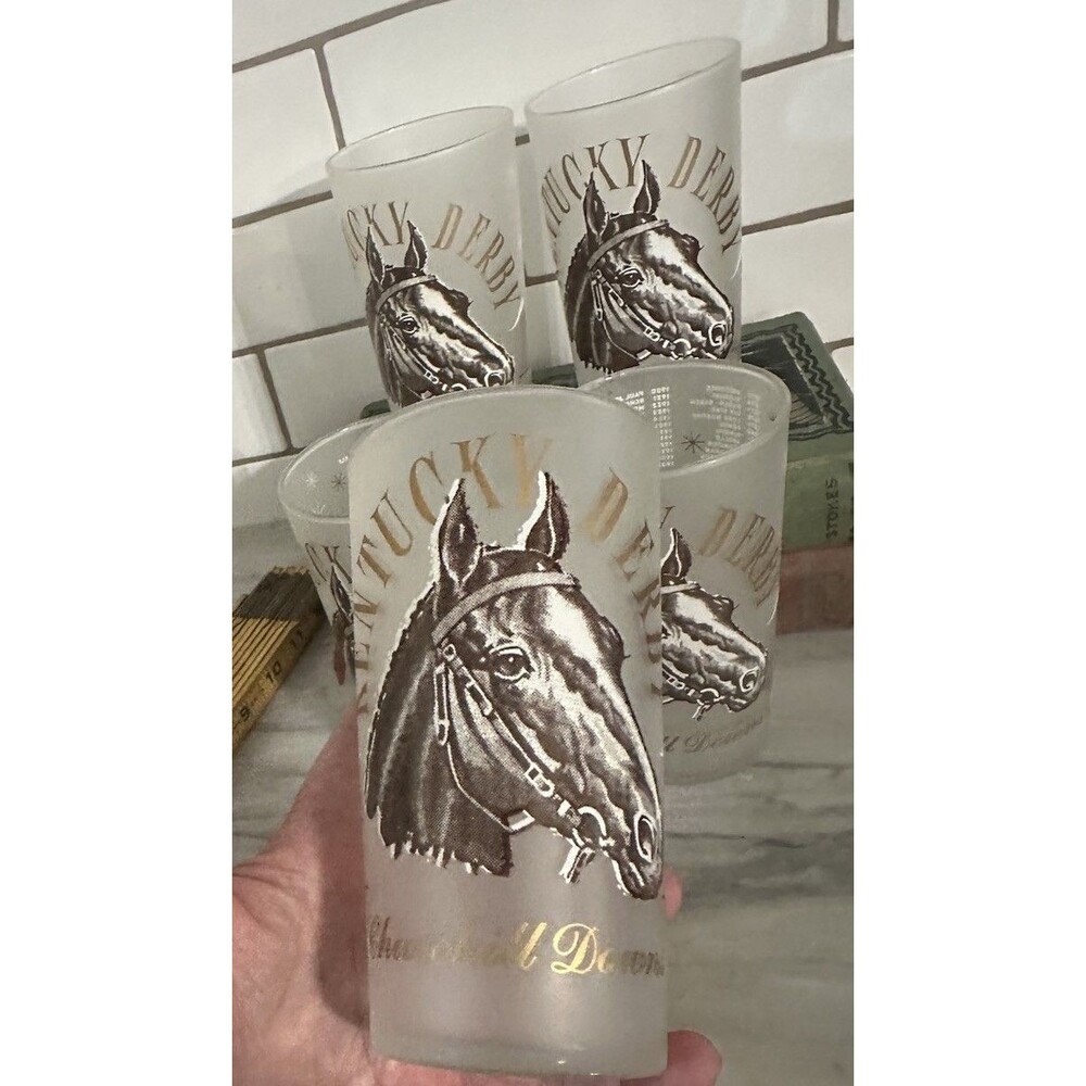 Set Of 5 1964 Kentucky Derby Mint Julip Frosted Glasses 12 Oz 5.25” Tall